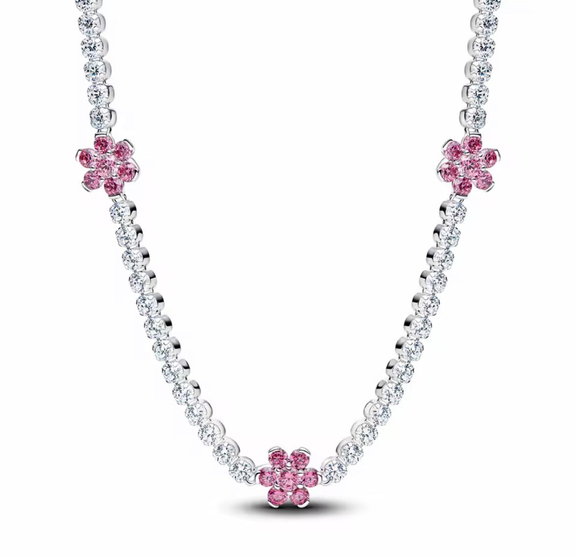 925 Sterling silver pink flower tennis necklace