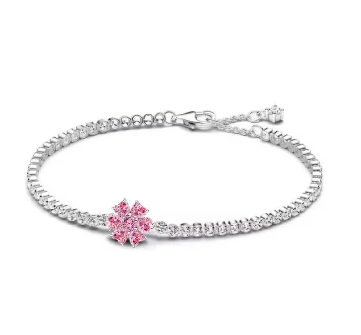 925 Sterling silver pink flower tennis bracelet