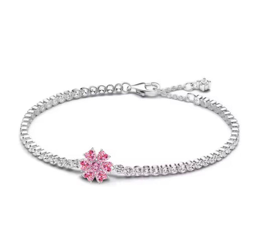 925 Sterling silver pink flower tennis bracelet