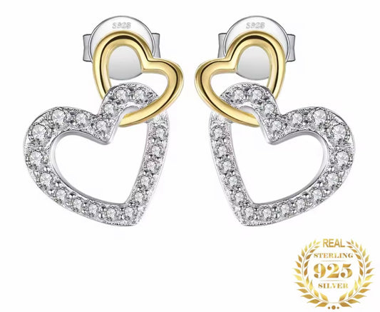 Love Heart Gold 925 Sterling Silver Stud Earrings