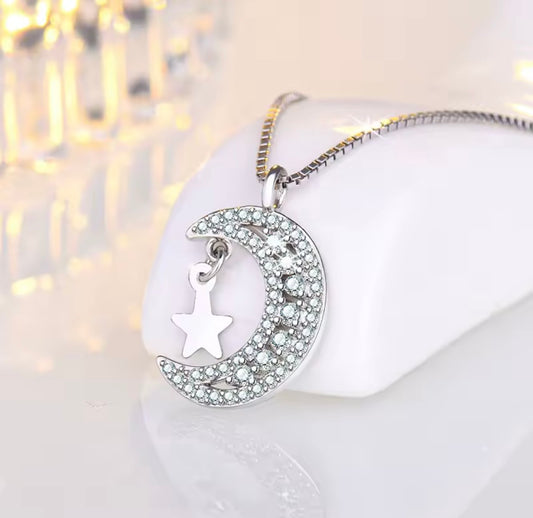 925 Sterling silver moon & star necklace