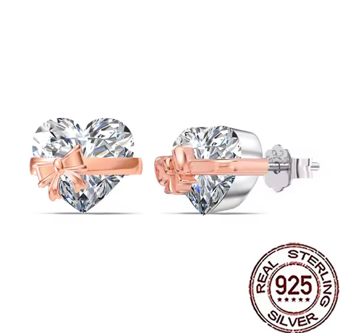 925 Sterling Silver Bowknot Heart Rose Gold Stud Earrings