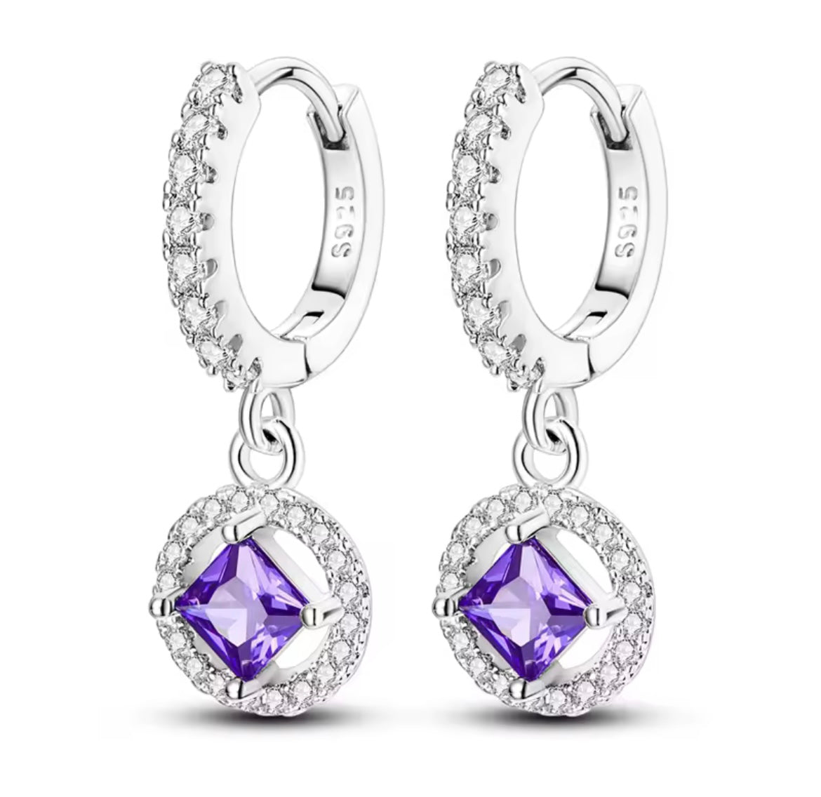 925 Sterling Silver Purple Princess Square Drop Earring