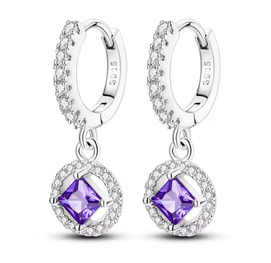 925 Sterling Silver Purple Princess Square Drop Earring