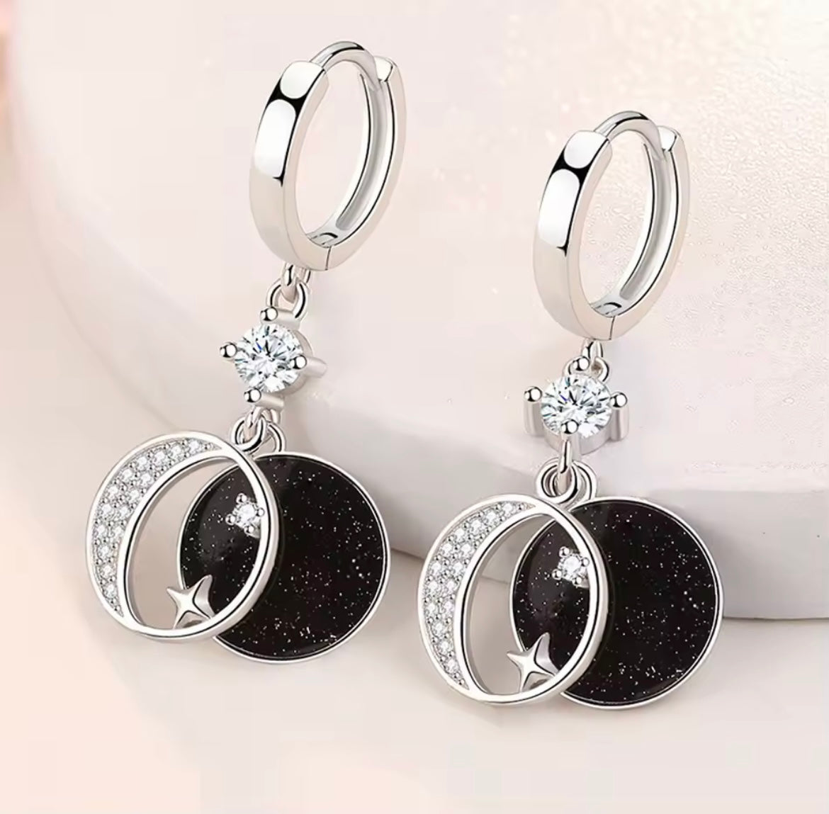 925 Sterling Silver Moon & Starry Sky Drop Hoop Earrings