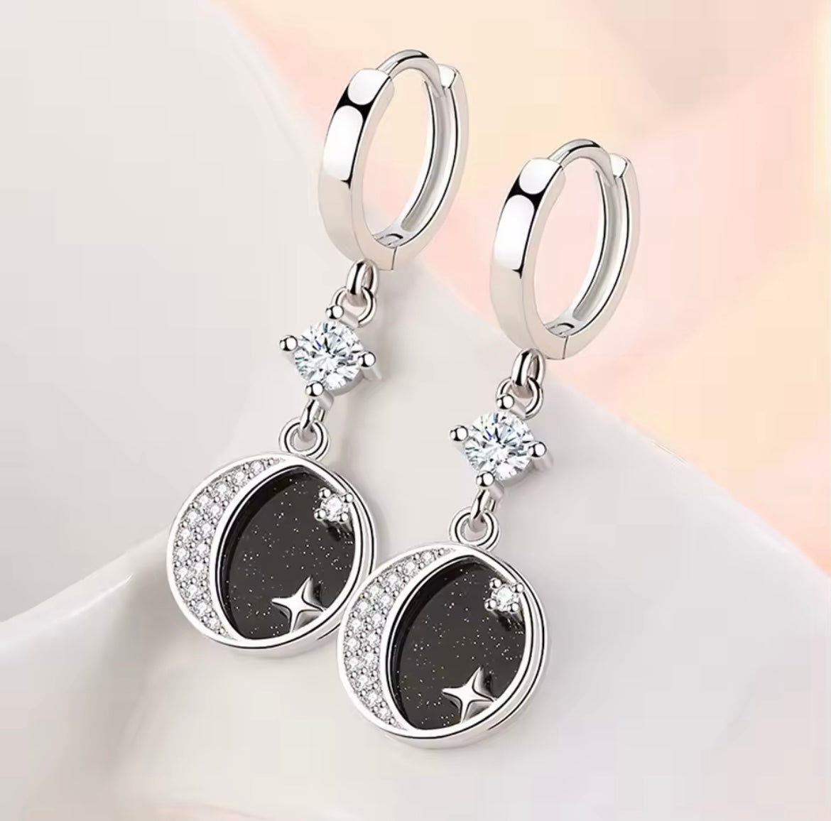 925 Sterling Silver Moon & Starry Sky Drop Hoop Earrings
