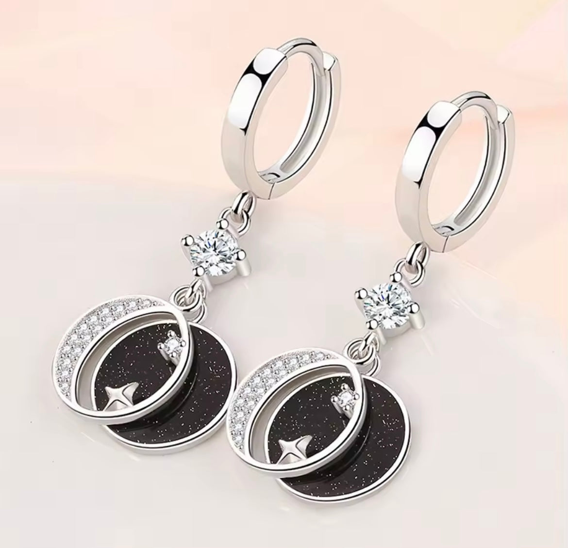 925 Sterling Silver Moon & Starry Sky Drop Hoop Earrings