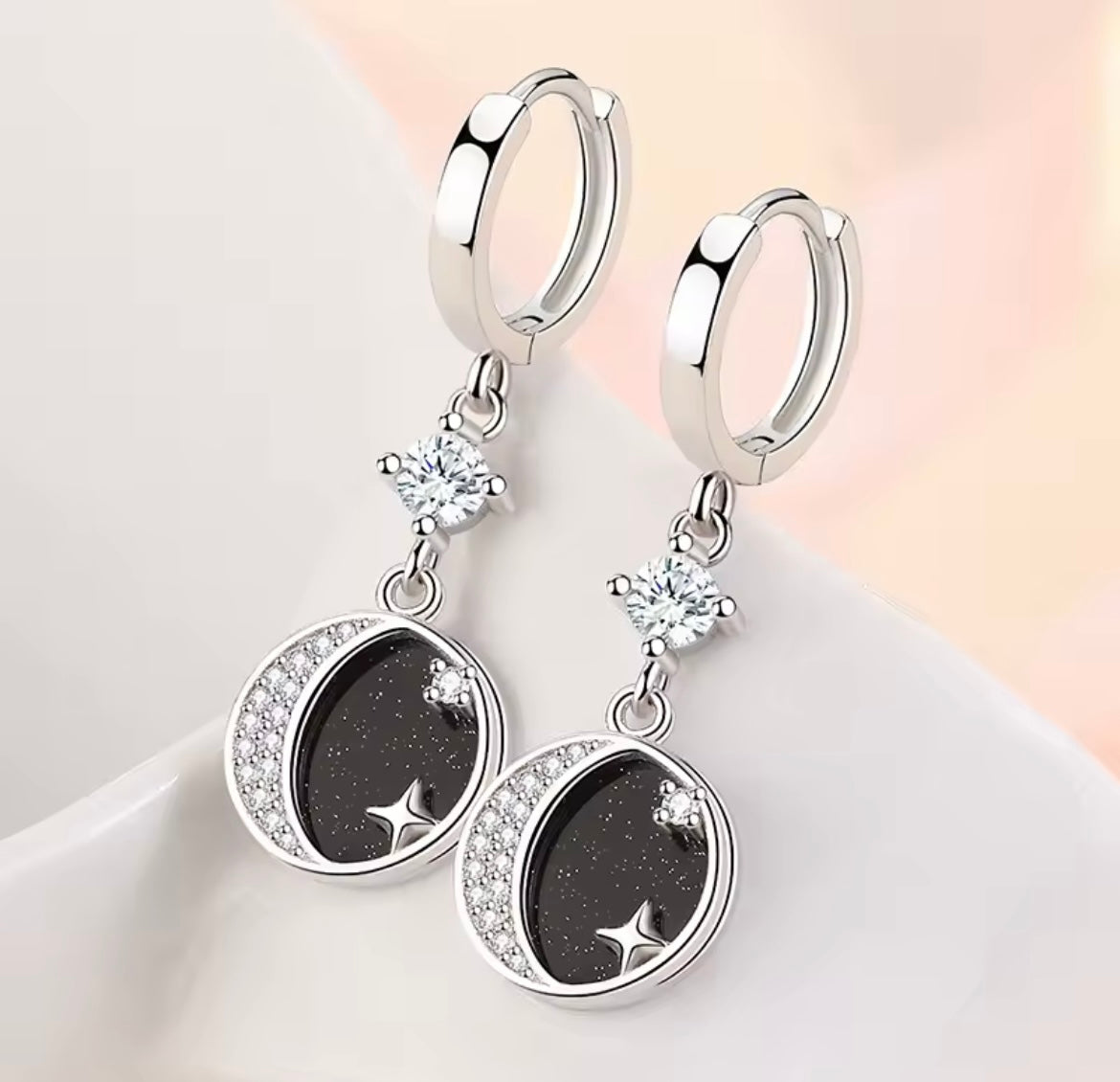 925 Sterling Silver Moon & Starry Sky Drop Hoop Earrings