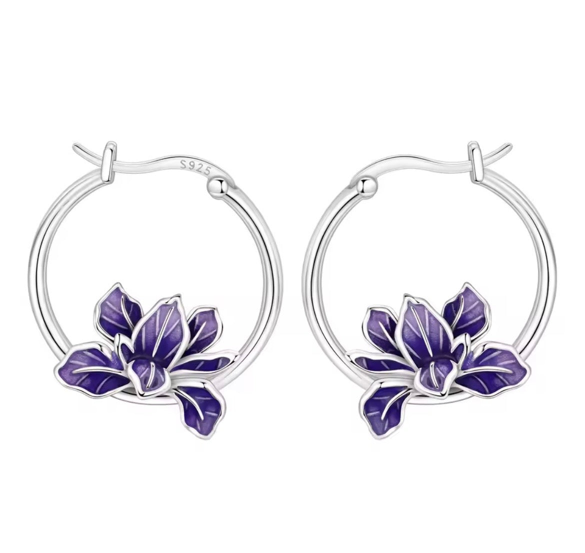 925 Sterling silver Blooming Purple Iris Flower Earrings