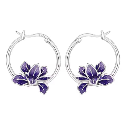 925 Sterling silver Blooming Purple Iris Flower Earrings