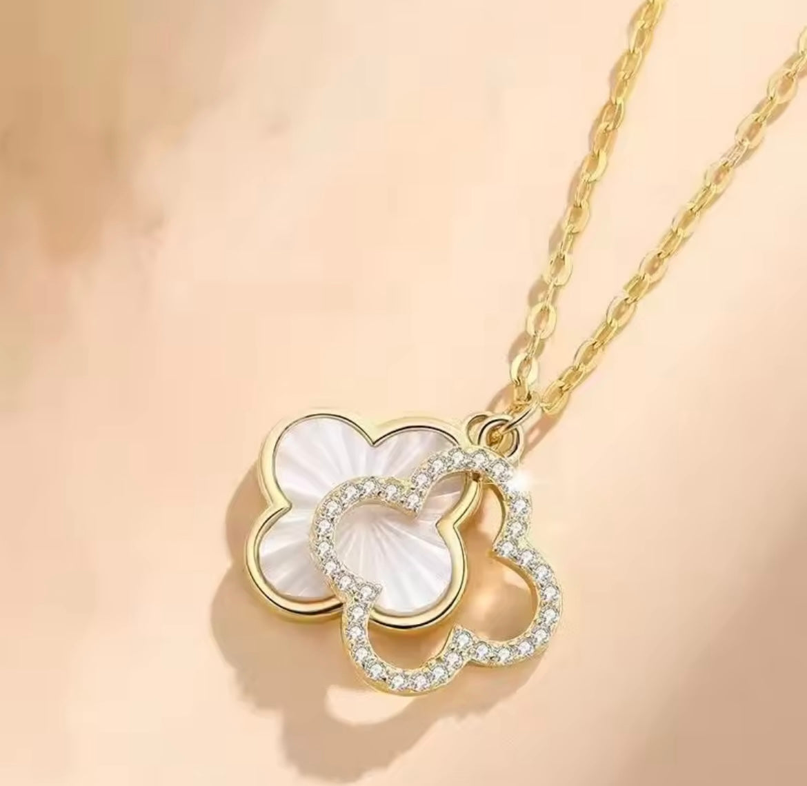 Stainless steel double layer mother of pearl four leaf clover necklace