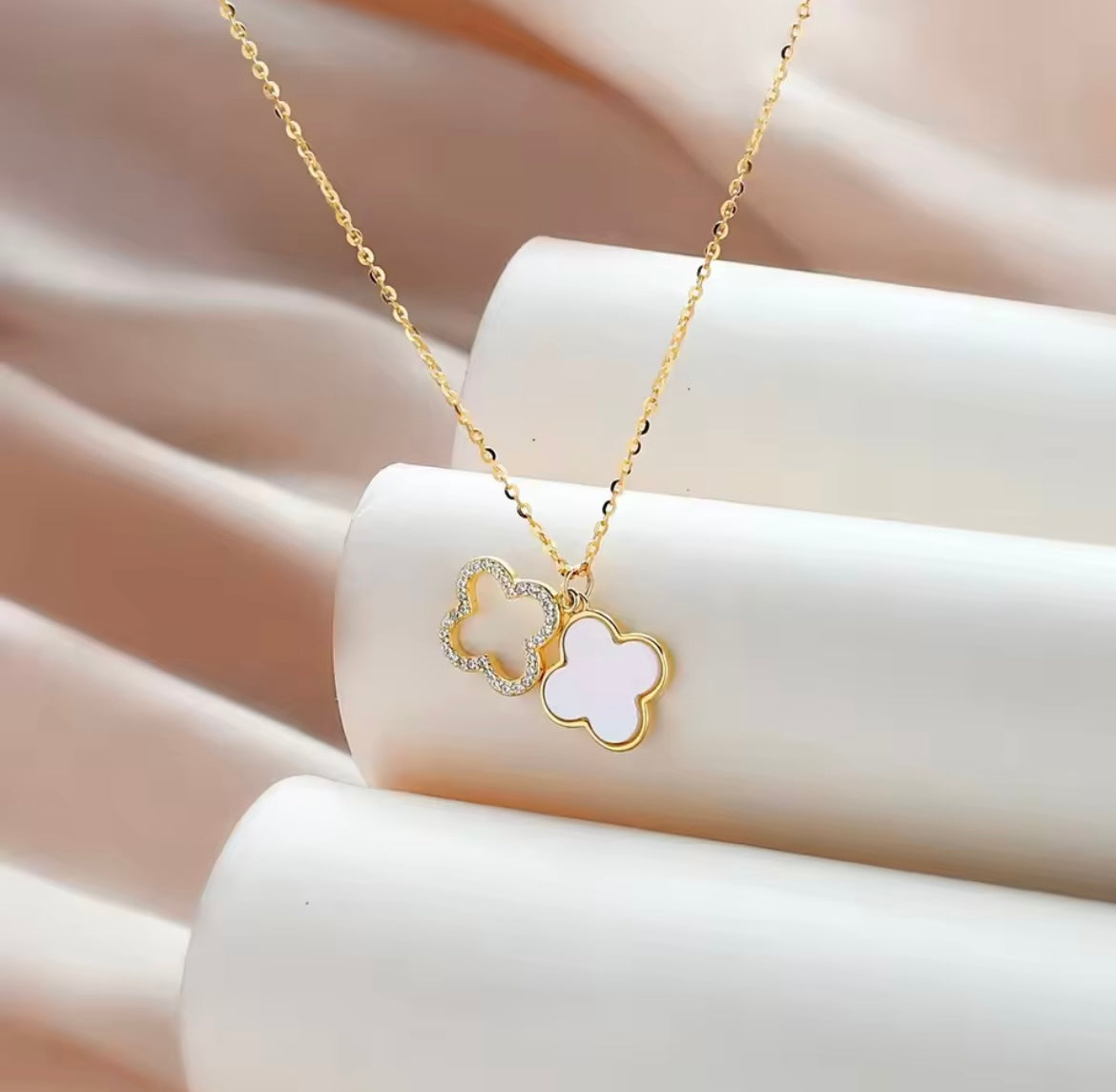 Stainless steel double layer mother of pearl four leaf clover necklace