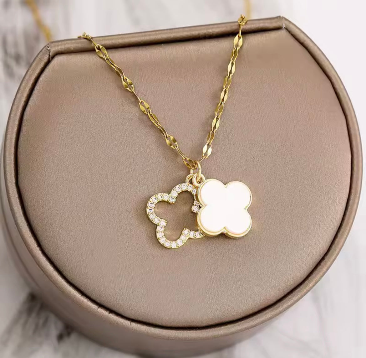 Stainless steel double layer mother of pearl four leaf clover necklace
