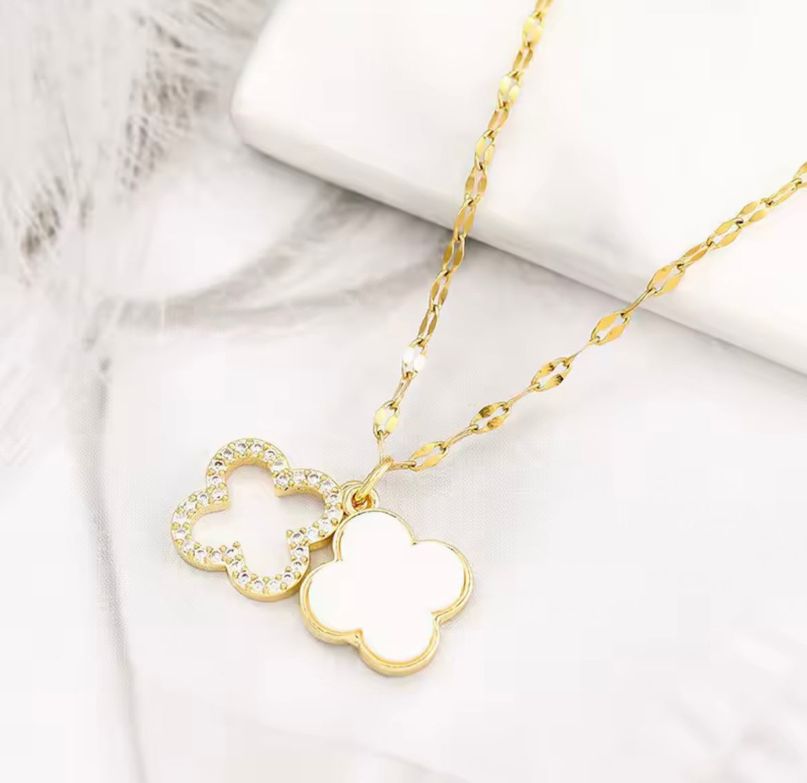 Stainless steel double layer mother of pearl four leaf clover necklace