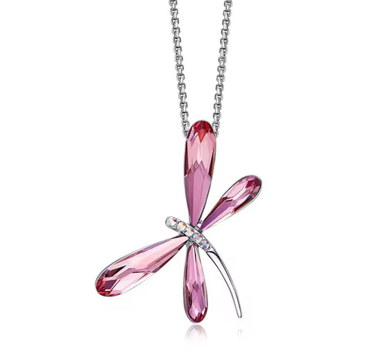 925 Sterling silver crystal pink dragonfly necklace
