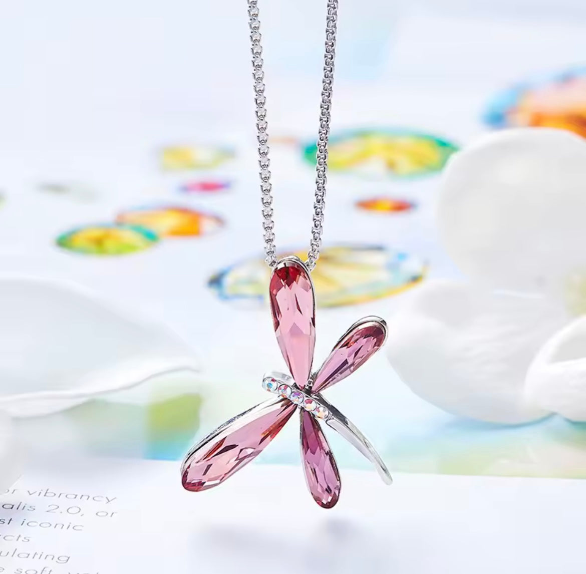 925 Sterling silver crystal pink dragonfly necklace