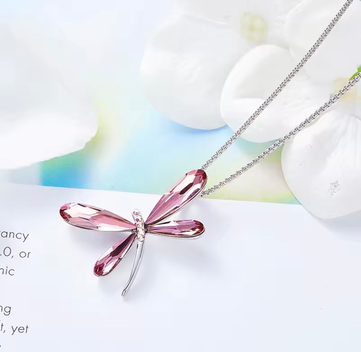925 Sterling silver crystal pink dragonfly necklace
