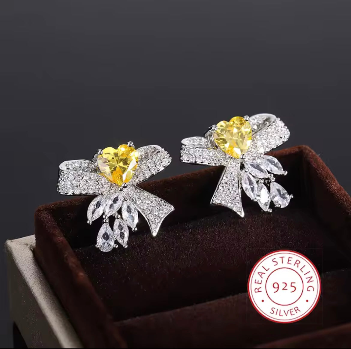 925 Sterling silver Yellow Heart  Bow earrings