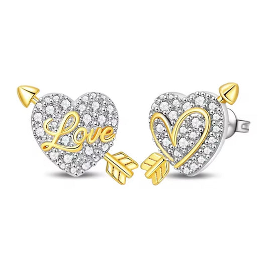 925 Sterling Silver Love Heart Bow & Arrow Stud Earrings