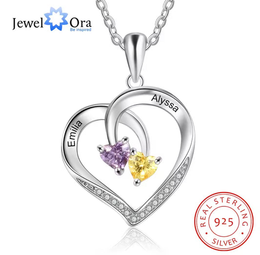 925 Sterling Silver Personalized Heart Necklace with 2 Birthstones Engraved Name Necklace
