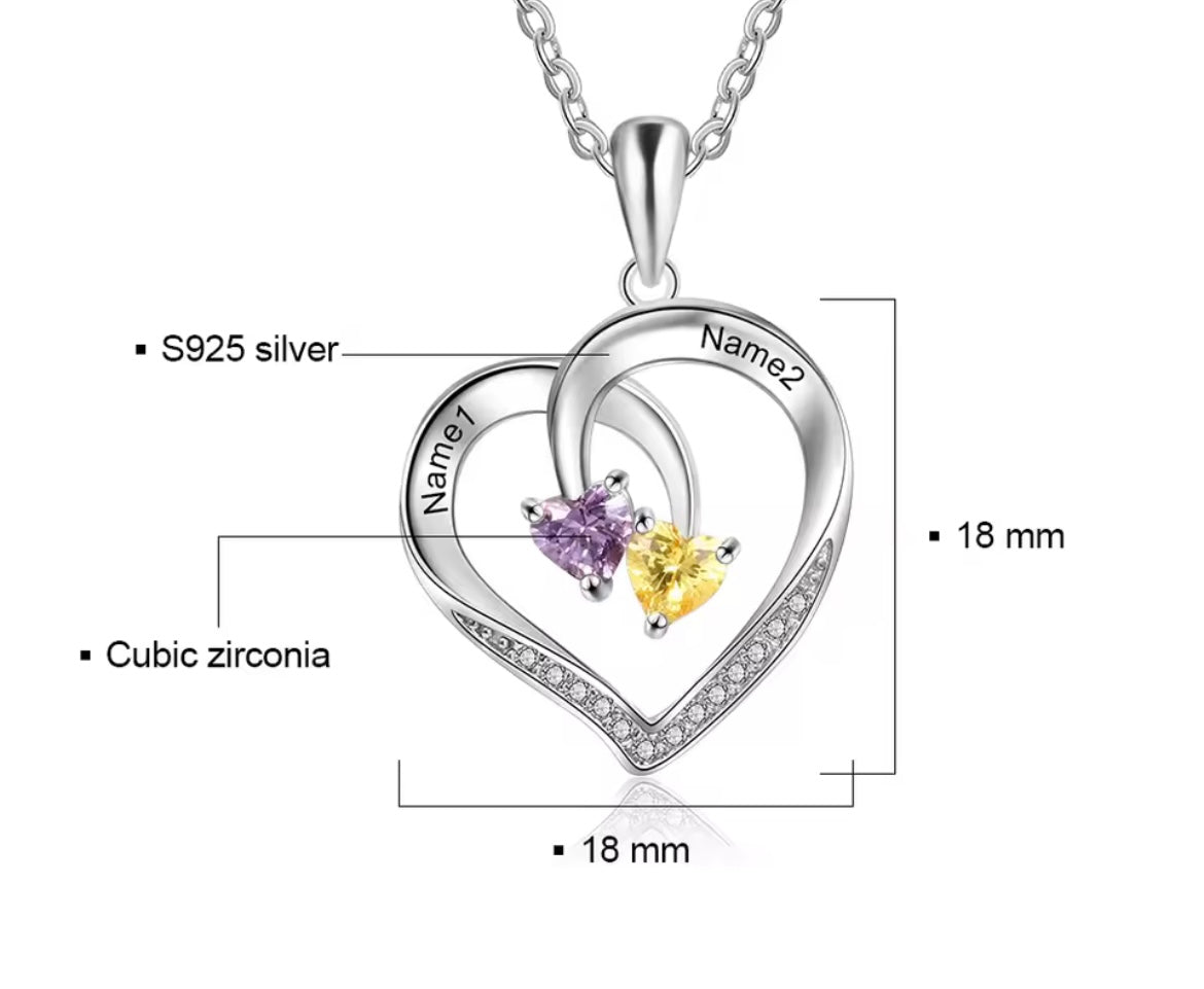 925 Sterling Silver Personalized Heart Necklace with 2 Birthstones Engraved Name Necklace