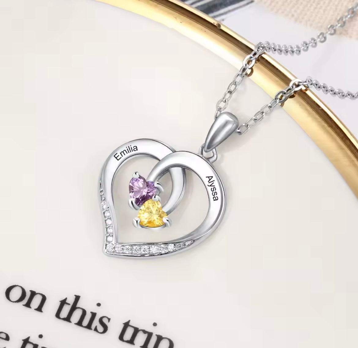 925 Sterling Silver Personalized Heart Necklace with 2 Birthstones Engraved Name Necklace