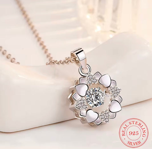 925 Sterling Silver beating heart flower Necklace