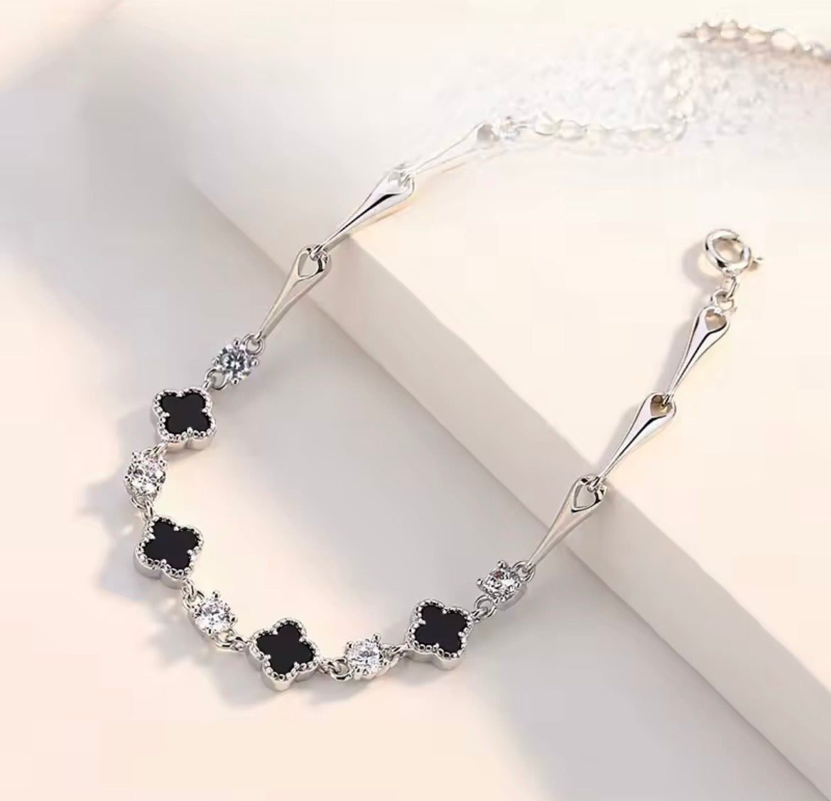 925 Sterling Silver Four-Leaf Clover Black & White Cubic Zirconia Bracelet
