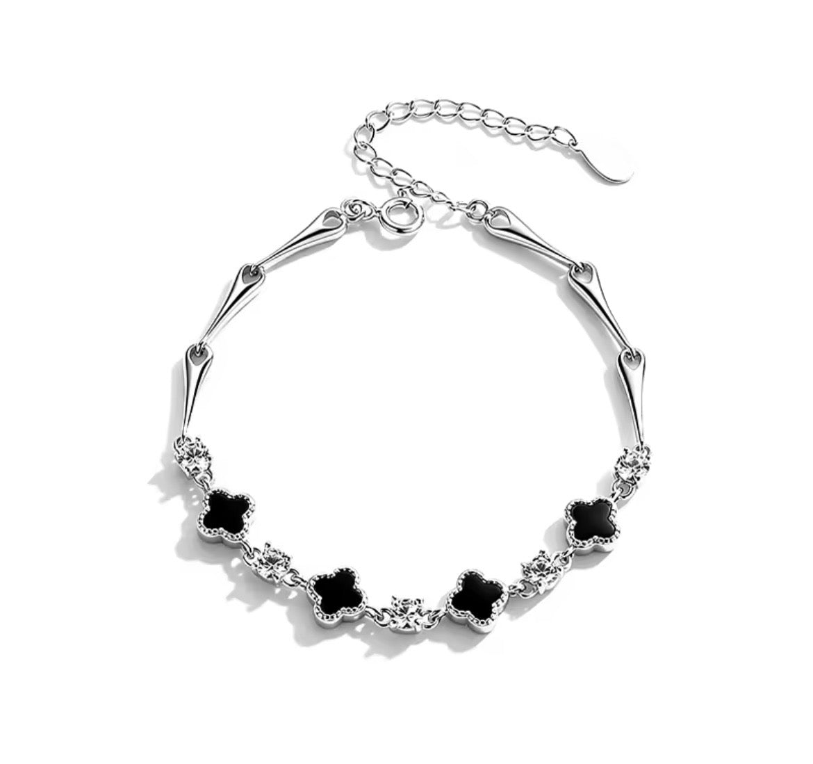 925 Sterling Silver Four-Leaf Clover Black & White Cubic Zirconia Bracelet