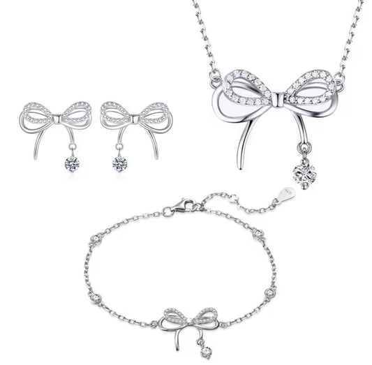 3pcs 925 Sterling Silver Crystal Bownot Necklace Bracelet Earrings set