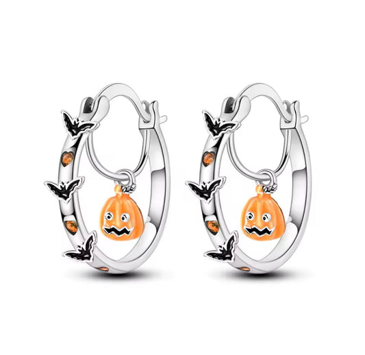 925 Silver Halloween Cute Pumpkin Bat Earrings