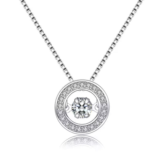 925 Sterling Silver Round Rotatable Dance Zircon Pendant Necklace.