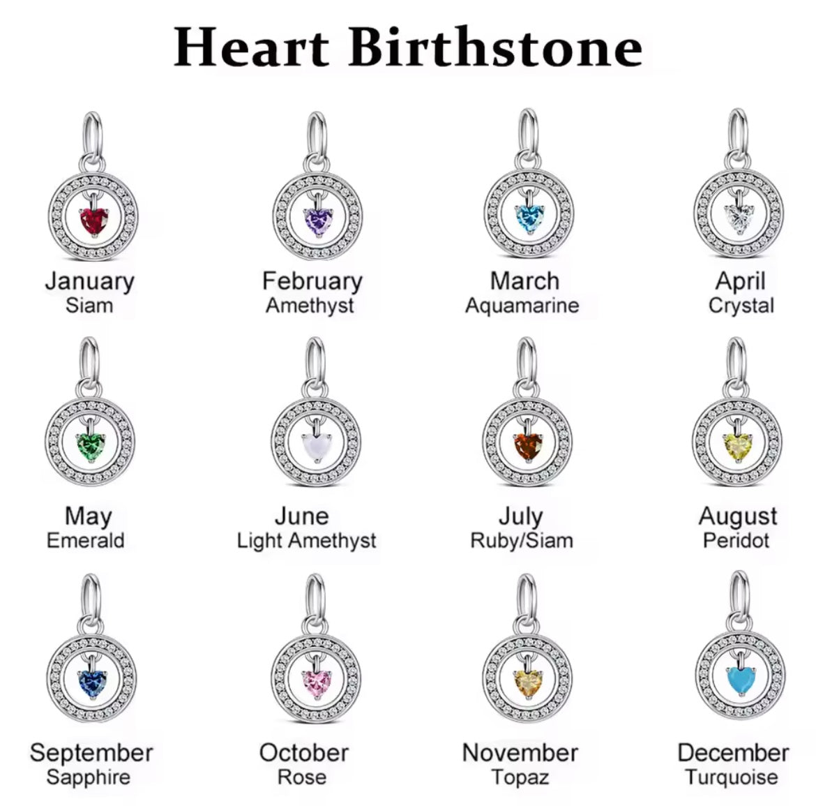 925 Sterling silver heart birthstone charms