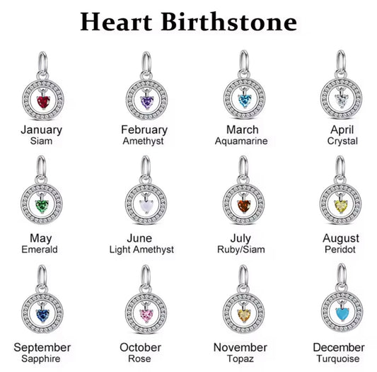 925 Sterling silver heart birthstone charms