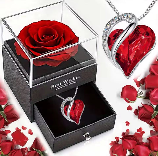 925 Sterling Silver Heart Necklace with Eternal Rose Jewellery Box