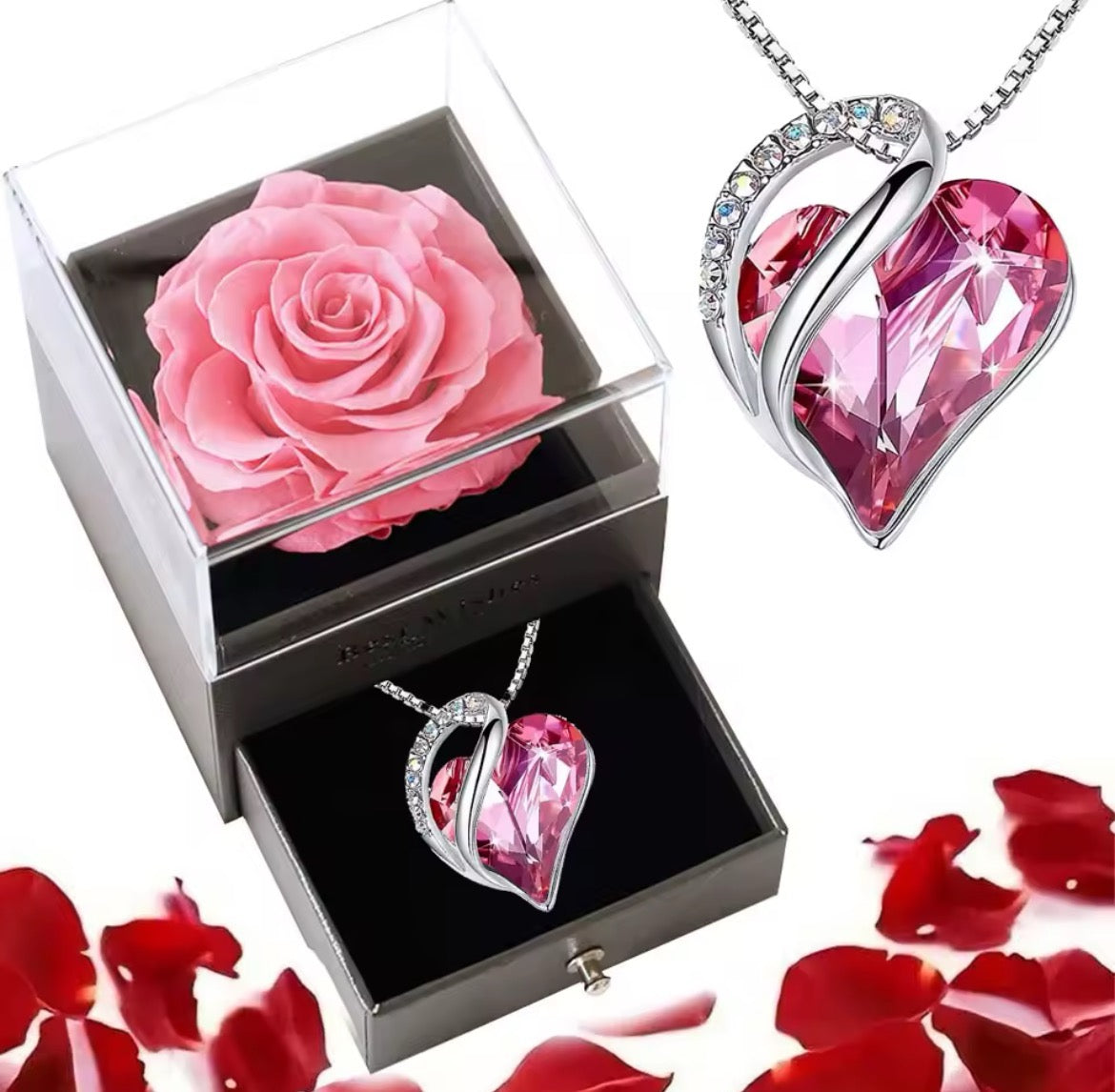 925 Sterling Silver Heart Necklace with Eternal Rose Jewellery Box