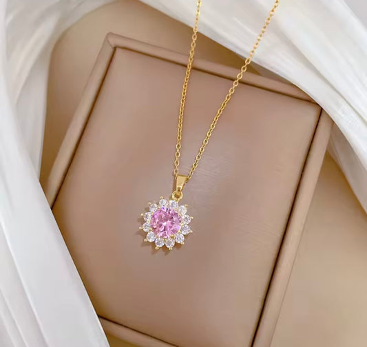 Stainless steel Pink Zircon Flower Pendant Necklaces