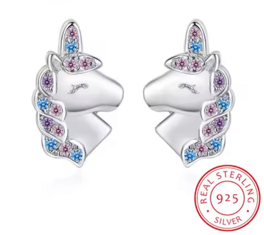 925 Sterling Silver Cute Unicorn Rainbow Stud Earrings