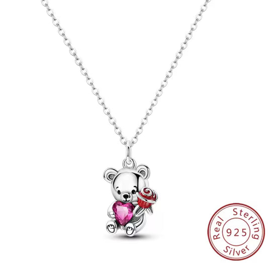 925 Sterling silver Pink Love Rose Little Bear Sterling Silver Necklace