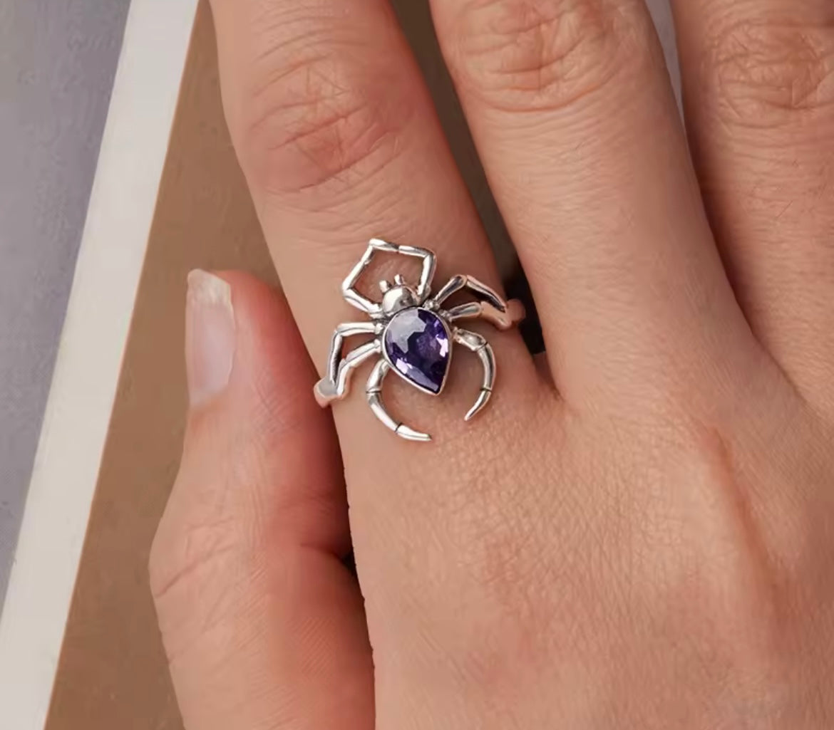 925 Sterling silver purple spider ring