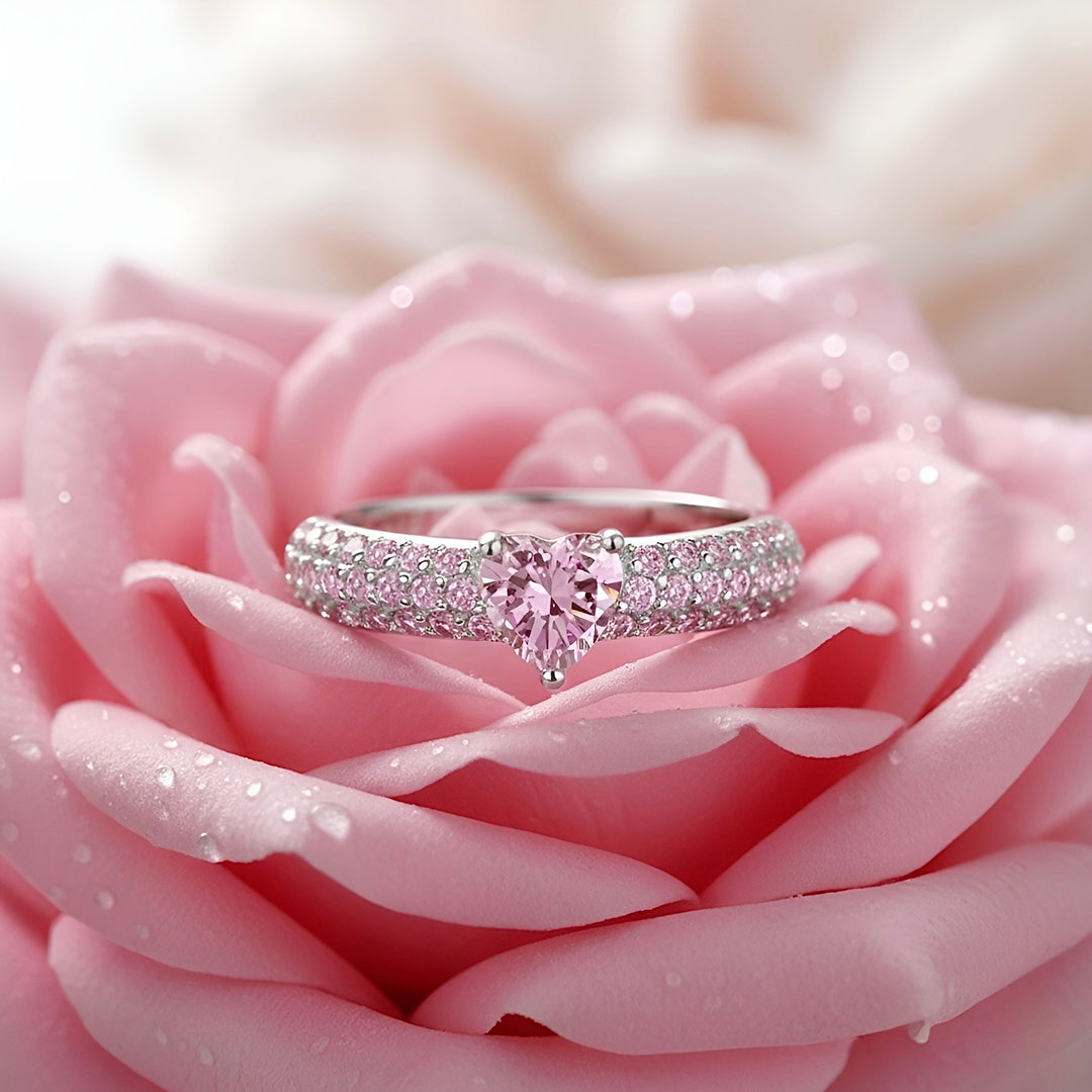 925 Sterling Silver Pink Pavé Heart Ring