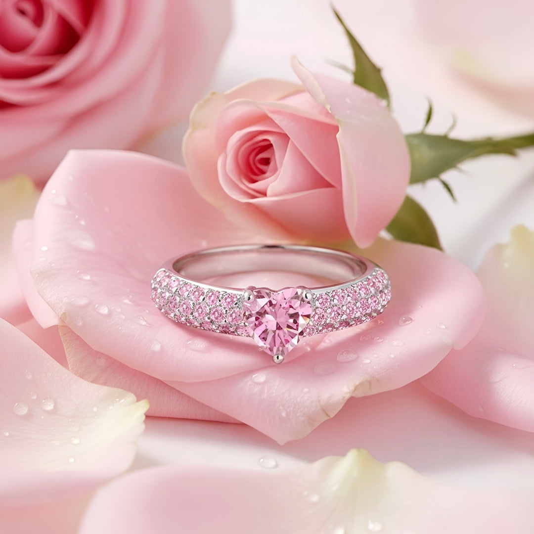 925 Sterling Silver Pink Pavé Heart Ring