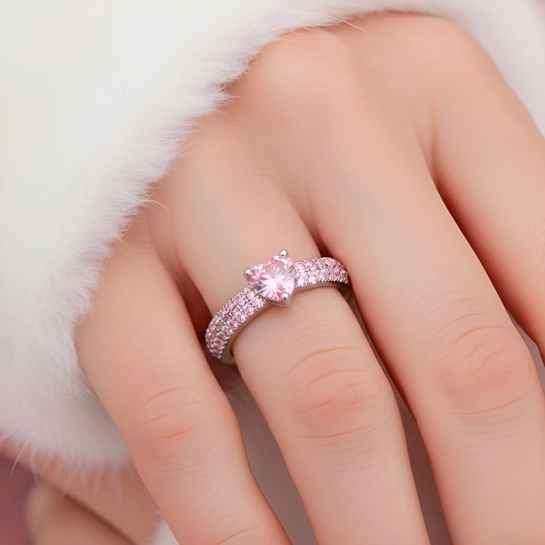925 Sterling Silver Pink Pavé Heart Ring
