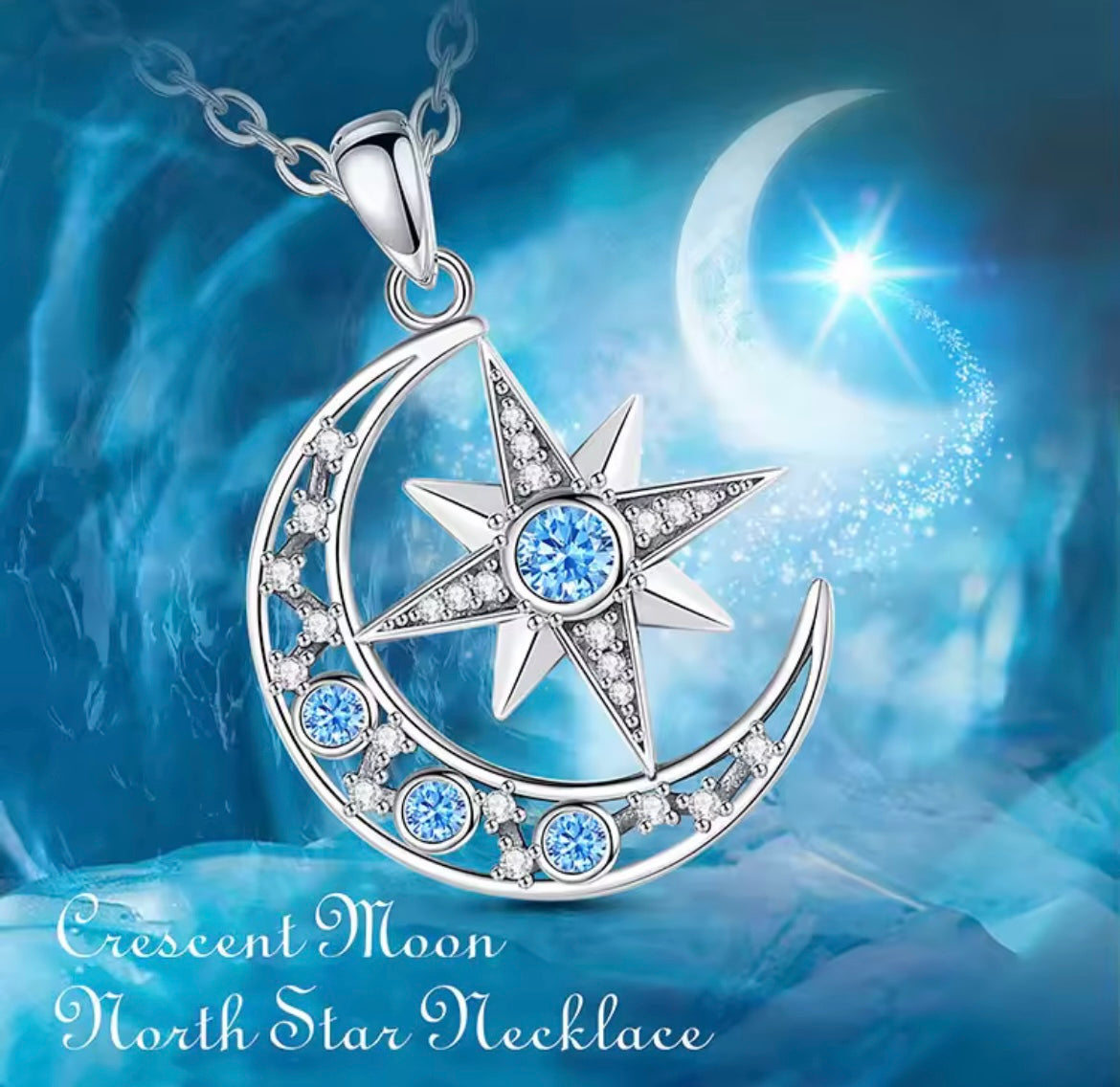 925 Sterling Silver Crescent Moon & North Star Pendant Necklace