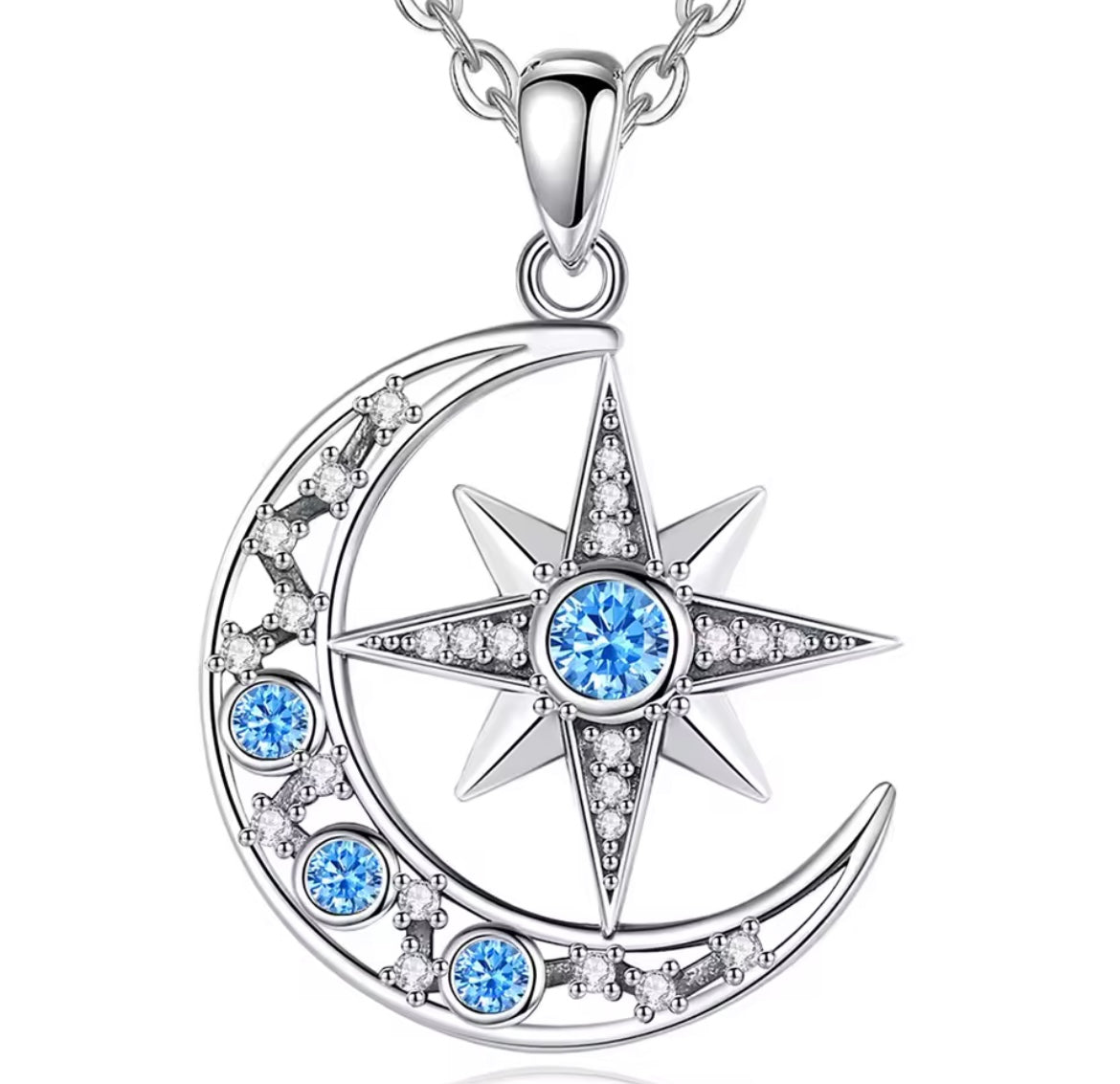 925 Sterling Silver Crescent Moon & North Star Pendant Necklace