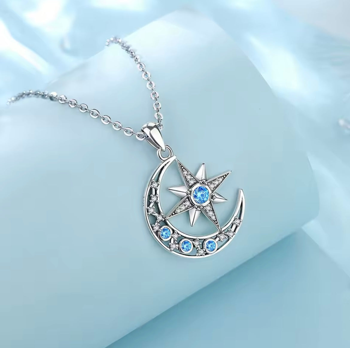 925 Sterling Silver Crescent Moon & North Star Pendant Necklace