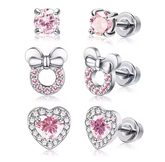 925 Sterling silver Six elegant pink earrings set