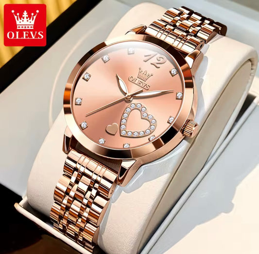 OLEVS Quartz rose gold Women Love  Diamond Inlaid Watch
