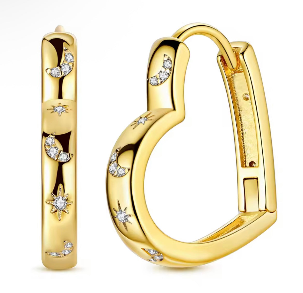 925 Sterling Silver Star & Moon Heart Hoop Earrings