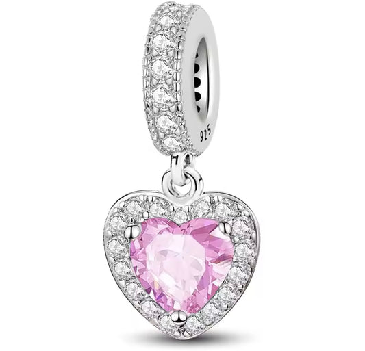 925 Sterling silver pink zircon heart charm
